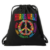 Kamala Harris Walz 2024 Freedom Peace Flower Funny Retro Drawstring Bag