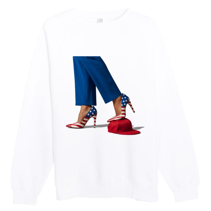 Kamala Harris With High Heels Stepping On Red Hat Premium Crewneck Sweatshirt