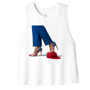 Kamala Harris With High Heels Stepping On Red Hat Women's Racerback Cropped Tank