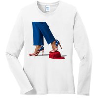 Kamala Harris With High Heels Stepping On Red Hat Ladies Long Sleeve Shirt