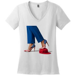 Kamala Harris With High Heels Stepping On Red Hat Women's V-Neck T-Shirt