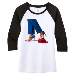 Kamala Harris With High Heels Stepping On Red Hat Women's Tri-Blend 3/4-Sleeve Raglan Shirt