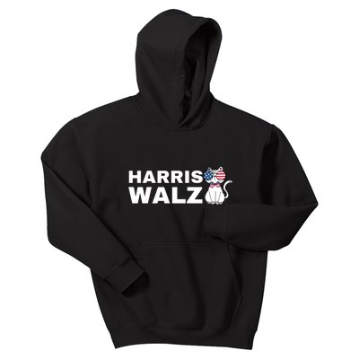 Kamala Harris Walz American Flag Cat Kids Hoodie