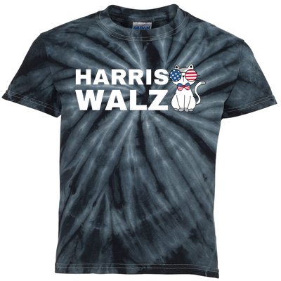 Kamala Harris Walz American Flag Cat Kids Tie-Dye T-Shirt