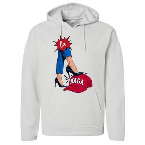 Kamala Harris With High Heels Stepping On Red Hat 2024 Performance Fleece Hoodie