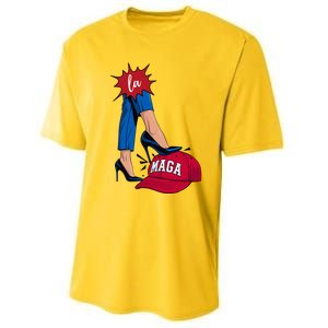 Kamala Harris With High Heels Stepping On Red Hat 2024 Performance Sprint T-Shirt