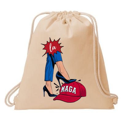 Kamala Harris With High Heels Stepping On Red Hat 2024 Drawstring Bag
