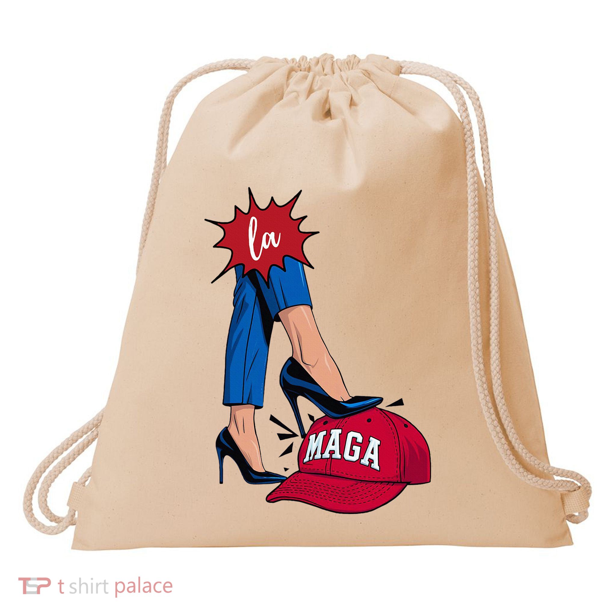 Kamala Harris With High Heels Stepping On Red Hat 2024 Drawstring Bag