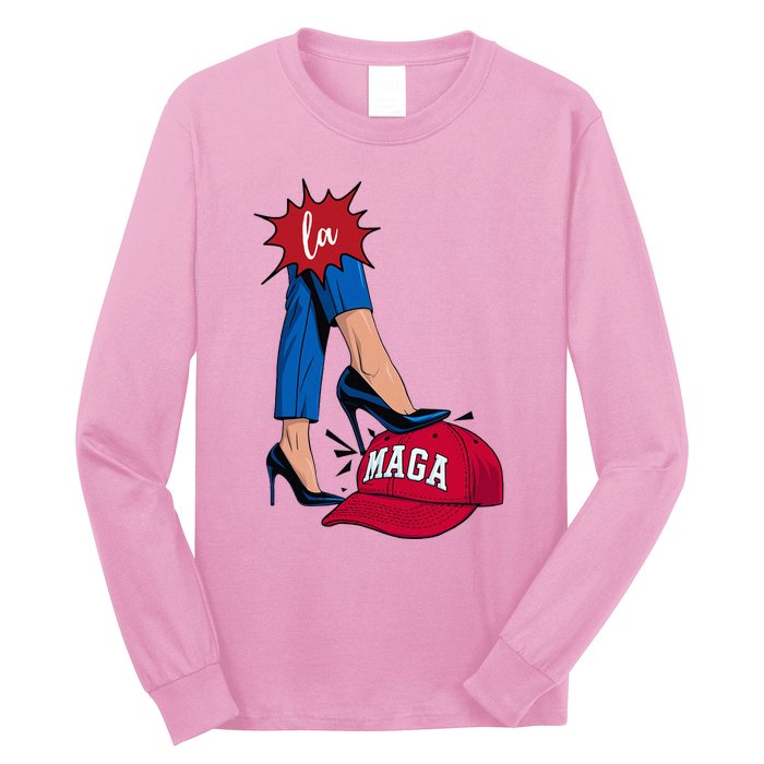 Kamala Harris With High Heels Stepping On Red Hat 2024 Long Sleeve Shirt