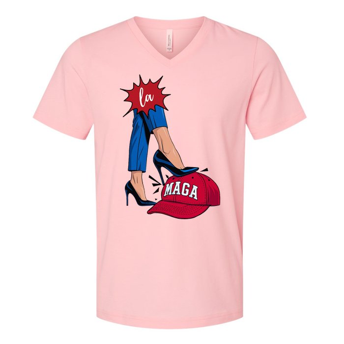 Kamala Harris With High Heels Stepping On Red Hat 2024 V-Neck T-Shirt