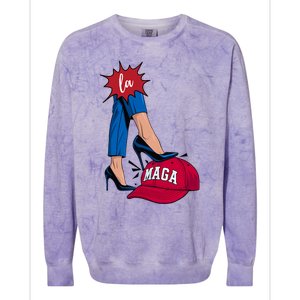 Kamala Harris With High Heels Stepping On Red Hat 2024 Funny Colorblast Crewneck Sweatshirt