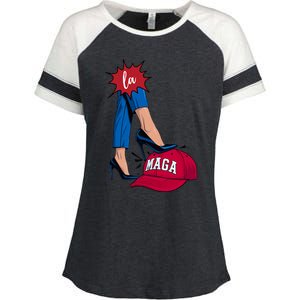 Kamala Harris With High Heels Stepping On Red Hat 2024 Funny Enza Ladies Jersey Colorblock Tee