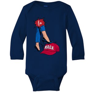 Kamala Harris With High Heels Stepping On Red Hat 2024 Funny Baby Long Sleeve Bodysuit