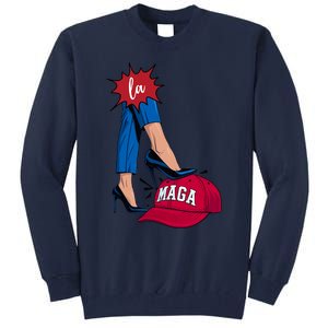 Kamala Harris With High Heels Stepping On Red Hat 2024 Funny Tall Sweatshirt