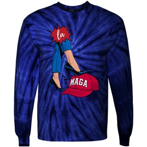 Kamala Harris With High Heels Stepping On Red Hat 2024 Funny Tie-Dye Long Sleeve Shirt