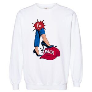 Kamala Harris With High Heels Stepping On Red Hat 2024 Funny Garment-Dyed Sweatshirt