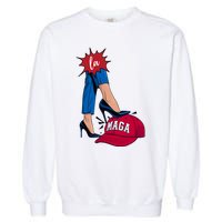 Kamala Harris With High Heels Stepping On Red Hat 2024 Funny Garment-Dyed Sweatshirt