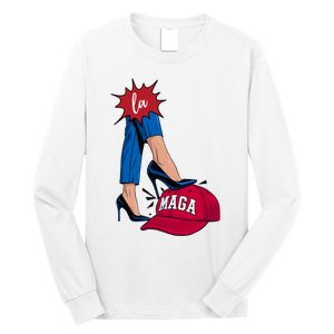 Kamala Harris With High Heels Stepping On Red Hat 2024 Funny Long Sleeve Shirt