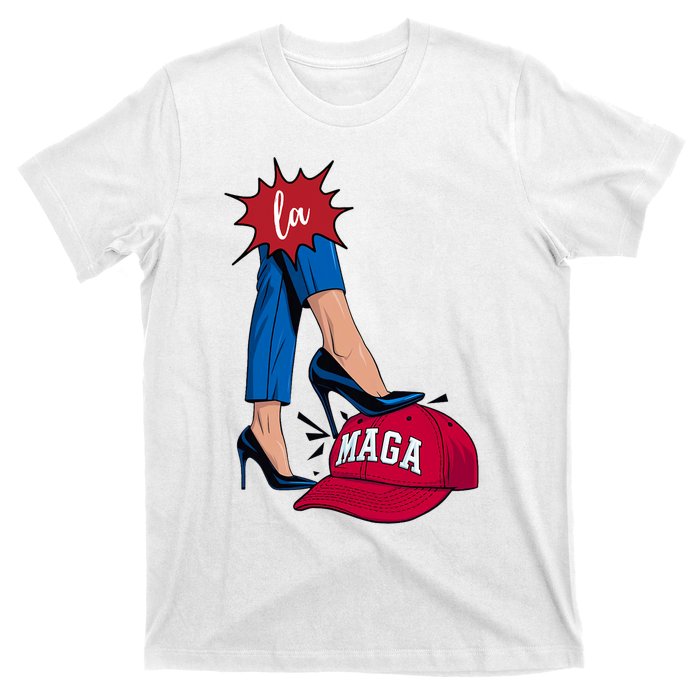 Kamala Harris With High Heels Stepping On Red Hat 2024 Funny T-Shirt