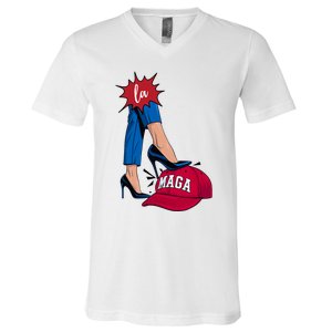 Kamala Harris With High Heels Stepping On Red Hat 2024 Funny V-Neck T-Shirt