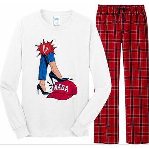 Kamala Harris With High Heels Stepping On Red Hat 2024 Funny Long Sleeve Pajama Set