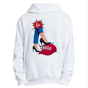 Kamala Harris With High Heels Stepping On Red Hat 2024 Funny Urban Pullover Hoodie