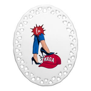 Kamala Harris With High Heels Stepping On Red Hat 2024 Funny Ceramic Oval Ornament