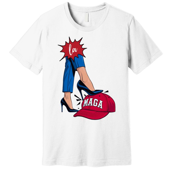 Kamala Harris With High Heels Stepping On Red Hat 2024 Funny Premium T-Shirt