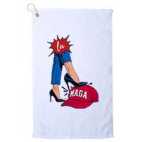 Kamala Harris With High Heels Stepping On Red Hat 2024 Funny Platinum Collection Golf Towel