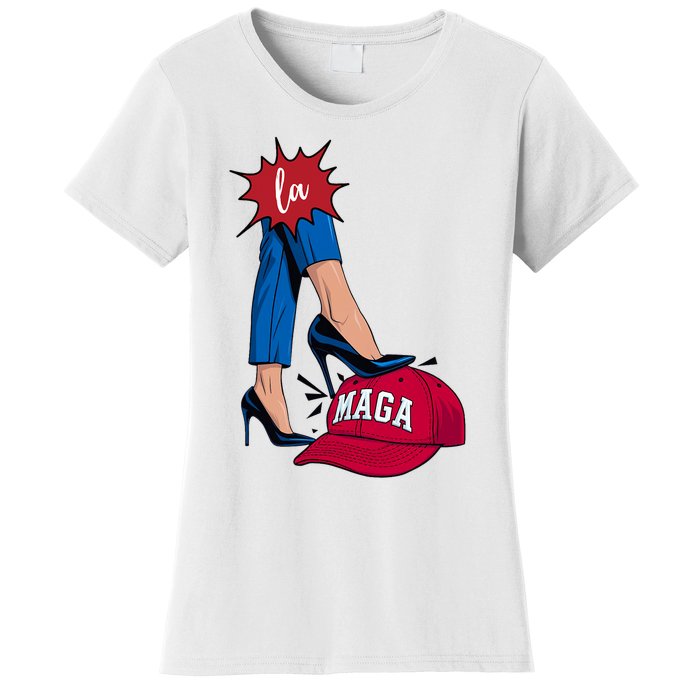 Kamala Harris With High Heels Stepping On Red Hat 2024 Funny Women's T-Shirt