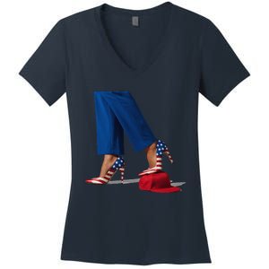 Kamala Harris With High Heels Stepping On Red Hat Gift Women's V-Neck T-Shirt