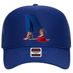 Kamala Harris With High Heels Stepping On Red Hat Gift High Crown Mesh Back Trucker Hat