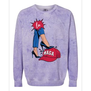 Kamala Harris With High Heels Stepping On Red Hat 2024 Funny Colorblast Crewneck Sweatshirt