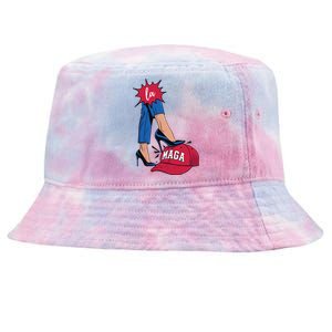 Kamala Harris With High Heels Stepping On Red Hat 2024 Funny Tie-Dyed Bucket Hat