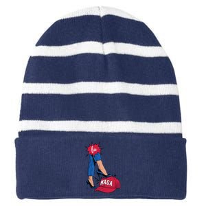 Kamala Harris With High Heels Stepping On Red Hat 2024 Funny Striped Beanie with Solid Band