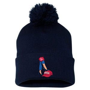 Kamala Harris With High Heels Stepping On Red Hat 2024 Funny Pom Pom 12in Knit Beanie