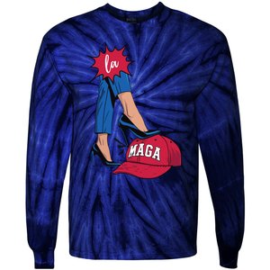 Kamala Harris With High Heels Stepping On Red Hat 2024 Funny Tie-Dye Long Sleeve Shirt