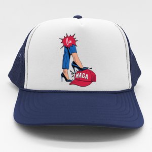 Kamala Harris With High Heels Stepping On Red Hat 2024 Funny Trucker Hat