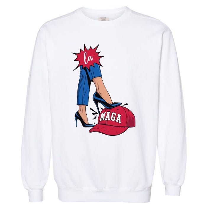 Kamala Harris With High Heels Stepping On Red Hat 2024 Funny Garment-Dyed Sweatshirt