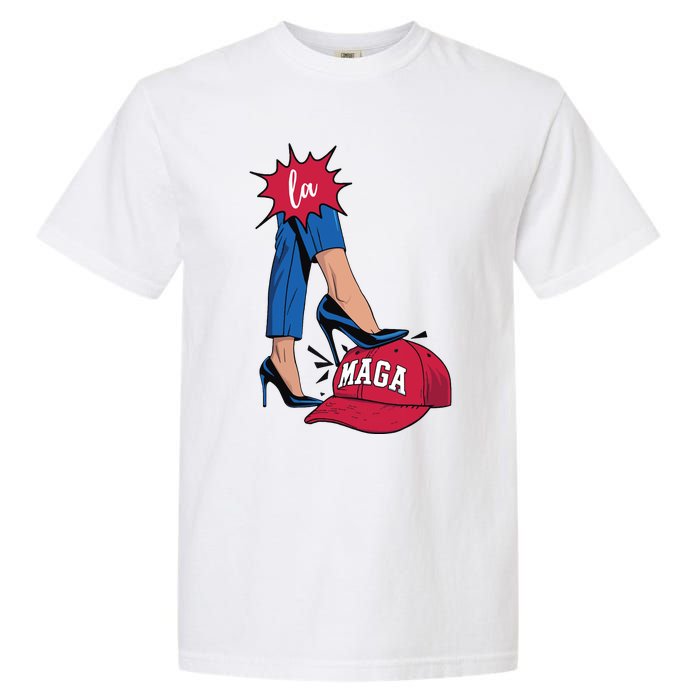 Kamala Harris With High Heels Stepping On Red Hat 2024 Funny Garment-Dyed Heavyweight T-Shirt