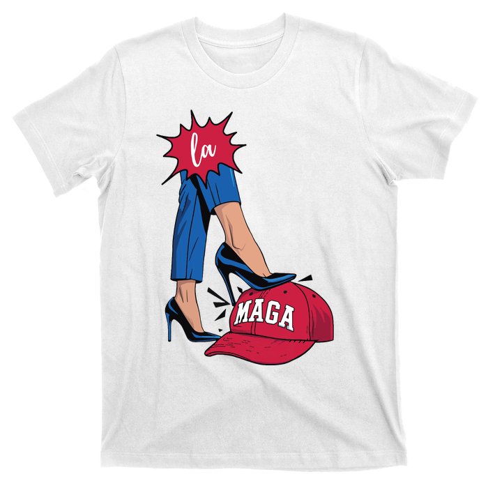 Kamala Harris With High Heels Stepping On Red Hat 2024 Funny T-Shirt