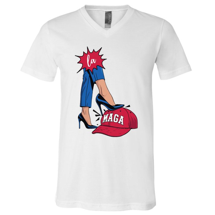 Kamala Harris With High Heels Stepping On Red Hat 2024 Funny V-Neck T-Shirt