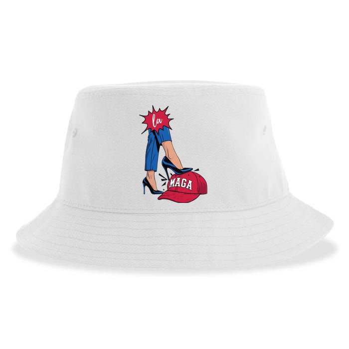 Kamala Harris With High Heels Stepping On Red Hat 2024 Funny Sustainable Bucket Hat