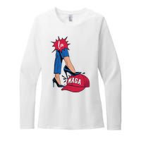 Kamala Harris With High Heels Stepping On Red Hat 2024 Funny Womens CVC Long Sleeve Shirt