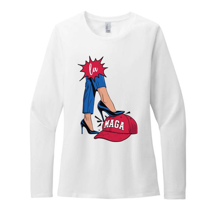 Kamala Harris With High Heels Stepping On Red Hat 2024 Funny Womens CVC Long Sleeve Shirt