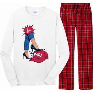 Kamala Harris With High Heels Stepping On Red Hat 2024 Funny Long Sleeve Pajama Set