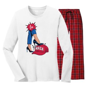 Kamala Harris With High Heels Stepping On Red Hat 2024 Funny Women's Long Sleeve Flannel Pajama Set 