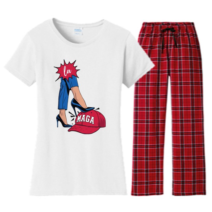 Kamala Harris With High Heels Stepping On Red Hat 2024 Funny Women's Flannel Pajama Set