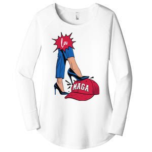 Kamala Harris With High Heels Stepping On Red Hat 2024 Funny Women's Perfect Tri Tunic Long Sleeve Shirt