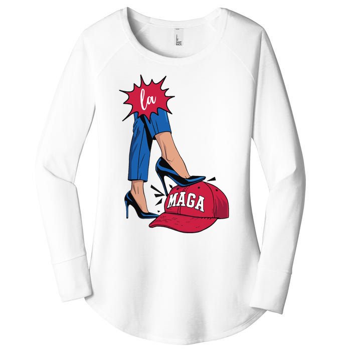 Kamala Harris With High Heels Stepping On Red Hat 2024 Funny Women's Perfect Tri Tunic Long Sleeve Shirt